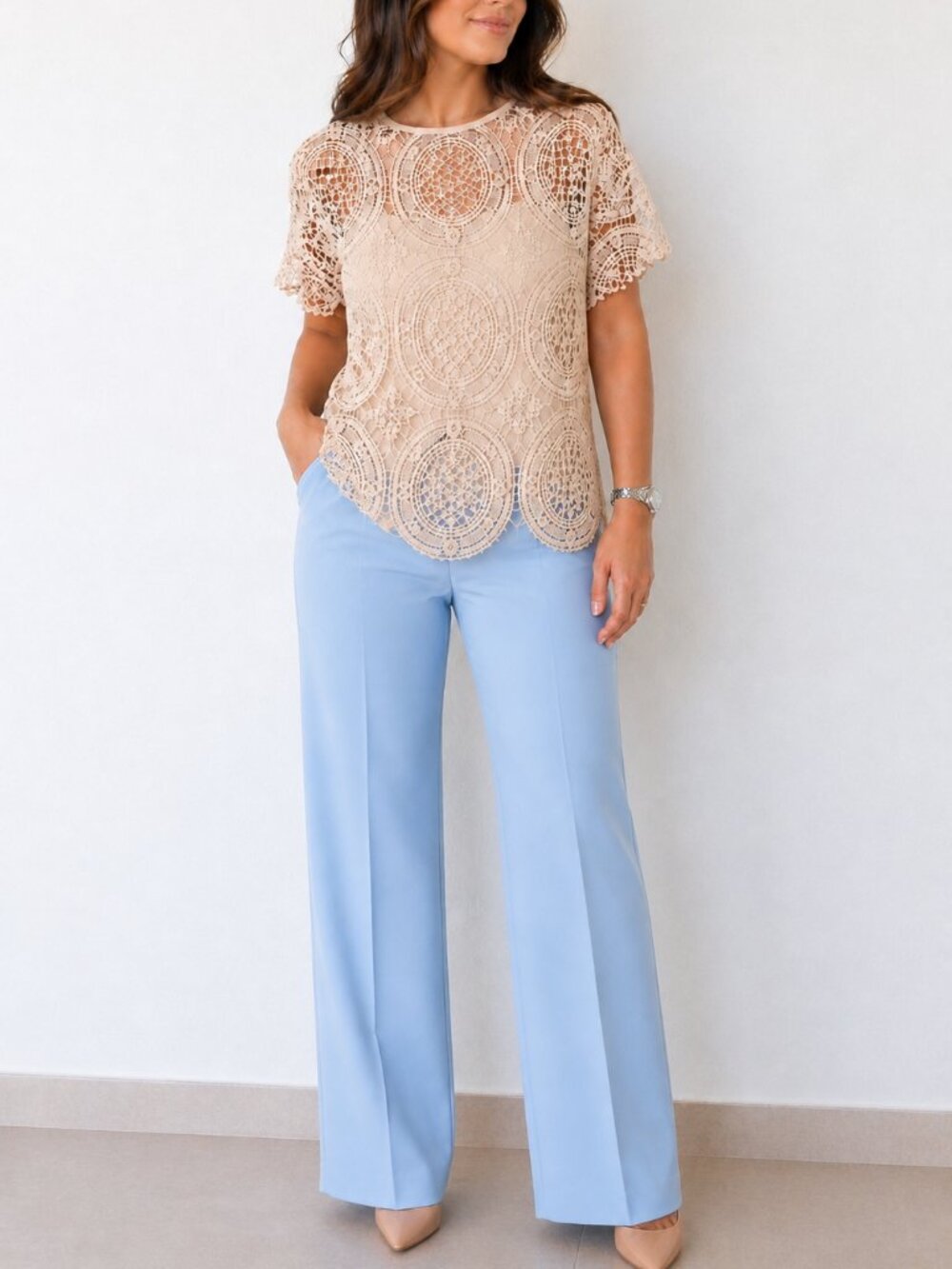 Beige Lace Crochet Top Sheer Short Sleeve Blouse Size L NWT Style
